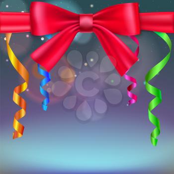 Festive blurred background with red bow and serpentine. Editable vector for your bussines and design