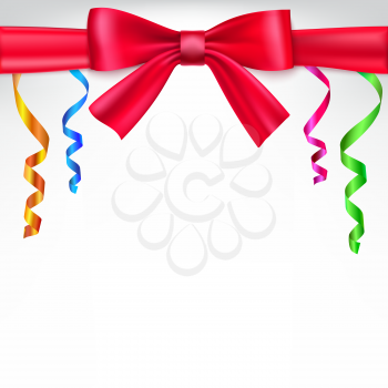 Festive white background with red bow and serpentine. Editable vector for your bussines and design