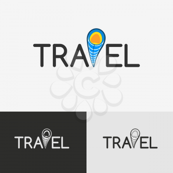 Travel logo with the geo tag, symbol of the sun and the sea