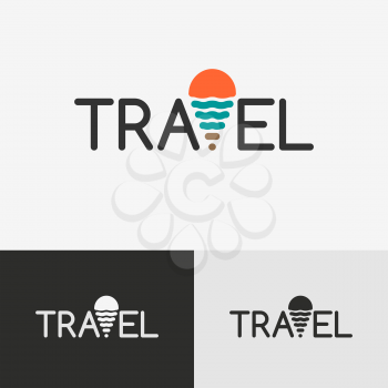 Travel logo with the geo tag, symbol of the sun and the sea