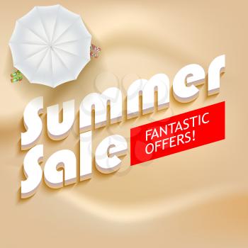Summer sale background. White beach umbrella with flip flops on a background of yellow sand. Volumetric text Summer sale, fantastic offer on a red background. Promotional poster for your business