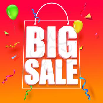 Big sale advertisement. Colorful expressive, attention-drawing banner on red background with balloons, serpentine and confetti. Vector editable symbol, easy to change size