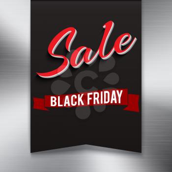 Black friday sale banner on metal background. Symbol of sales, Black Friday, in the shape pennant. Promotional posters for your business offers, advertising shopping flyers and discount banners