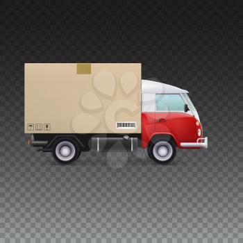 Red and white delivery van with cardboard package and fragile signs. Delivery vehicle truck for the shipping of goods on transparent background.