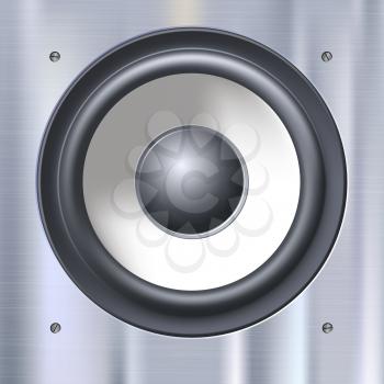 Background with sound speakers dynamics. Background of polished metal with flare, patches of light. Audio speaker on a shiny metal background with bolts. Vector Illustration. 