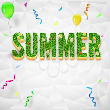 Summer background with confetti and serpentine. The inscription Summer with green grass and flowers on background made of triangles. Festiv background for presentation, booklet, brochure or catalog