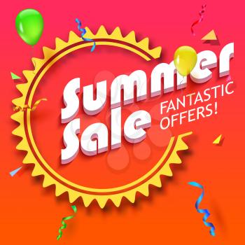 Summer sale advertisement, fantastic offers. Colorful expressive, attention-drawing banner with balloons, serpentine and confetti. Hot, red background. Vector editable symbol, easy to change size