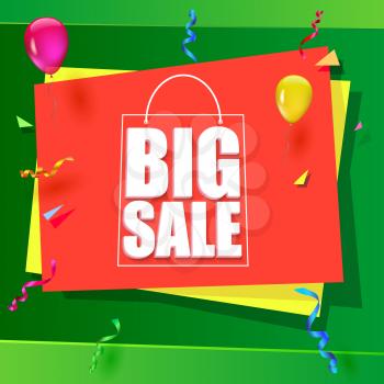 Big sale advertisement. Colorful expressive, attention-drawing banner on green background with balloons, serpentine and confetti. Vector editable symbol, easy to change size