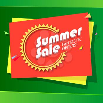 Summer sale advertisement, fantastic offers. Colorful expressive, attention-drawing banner on green background with balloons, serpentine and confetti.. Vector editable symbol, easy to change size