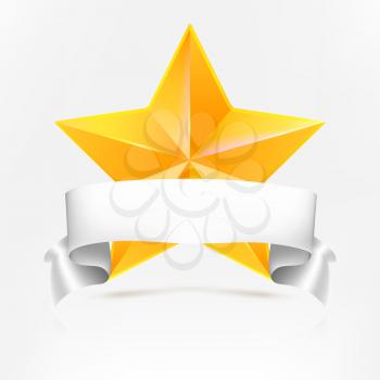 Yellow star with white ribbon on colored background. Symbol of victory in competitions or contests, template for your design