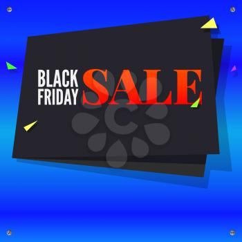 Black Friday sale, black banner with flying, colored confetti on bright blue background with screws twisted at the corners