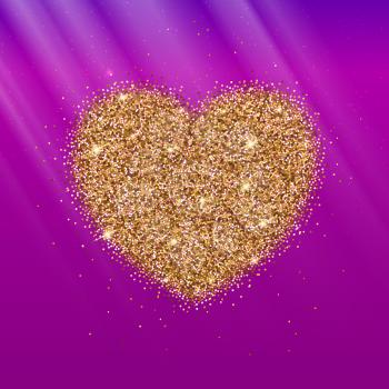 Icon of Heart with gold sparkles and glitter, glow light, bright sequins, sparkle tinsel, shimmer dust. Heart sign isolated on pink background