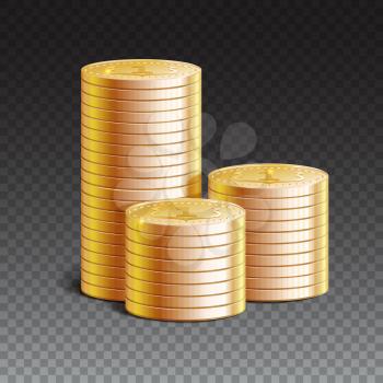 Stacks of gold coins, 3D vector illustration. Details and realistic 3d stacks of coins with reflections and shadows