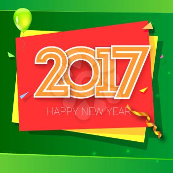 Christmas card with coming 2017 year. Bright background with serpentine, ribbons and balloons. Vector illustration, template for your greeting cards