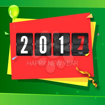 Christmas card with coming 2017 year. Bright background with serpentine, ribbons and balloons. Vector illustration, template for your greeting cards with scoreboard