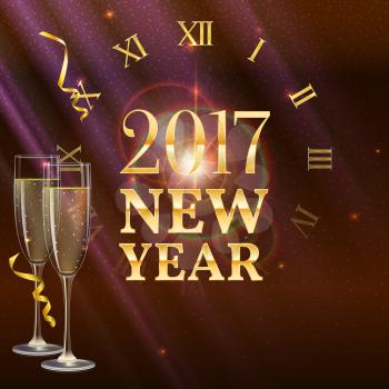 2017 New Year shining banner with a clock and champagne glasses. Festive background with light, refractions and reflections of bright rays. Vector illustration, template for your greeting card