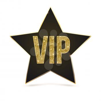 Black five-pointed star with Golden edging and the inscription VIP. Sign of exclusivity and elitism with bright, Golden glow. Template for vip banners or card, exclusive certificate, luxury voucher