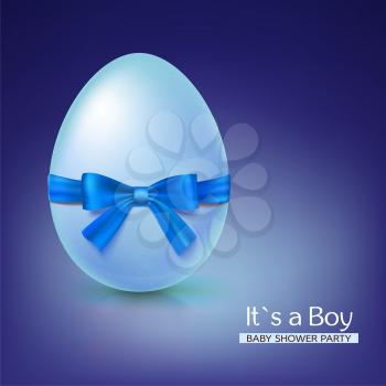 It s a boy baby shower concept with blue ribbon bow and egg. Vector illustration. Party invitation template on blue background.