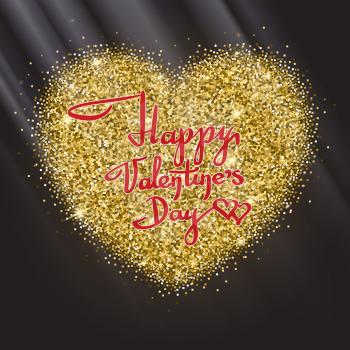 Postcard of Valentine s day with a heart of gold and lettering, calligraphy, Icon of Heart with gold sparkles and glitter, glow light, bright sequins, sparkle tinsel, shimmer dust.