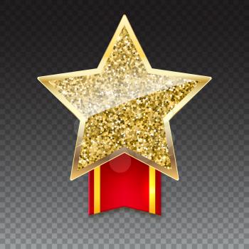 Yellow brilliant star with ribbon with gold stripes on transparent background. Golden star with gold sparkles and glitter on red ribbon