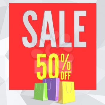 Sale banner on low poly background, colored shopping bags for sales offers. Modern, colorful design with paper shopping bags.