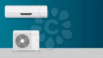 Template with air conditioning for advertisement on horizontal long backdrop, 3D illustration with place for text. Icons of realistic white air conditioning, full set of two blocks.