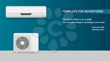 Template with air conditioning for advertisement on horizontal long backdrop, 3D illustration with example of text design. Icons of realistic white air conditioning, full set of two blocks.