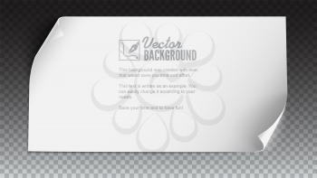 Vector curved paper banner on colored background. White blank paper curved horizontal banner, isolated on trasparent. Realistic vector paper template with curl corners, 3D illustration.