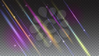 Abstract bright background with moving light rays and lens flare in soft focus. Dynamic digital, technology backdrop for breaking news or cover. 3D illumination effects on transparent backdrop