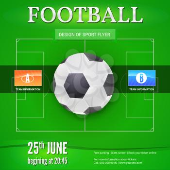 Football or soccer banner with text design. Template for game tournament. Football ball above green field, top view. Sport events design for posters, print design, creative arts. 3D illustration.