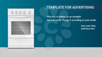 Template with gas stove with oven for advertisement on horizontal long backdrop, 3D illustration with the example of registration of the advertising message. Realistic white gas stove icon.