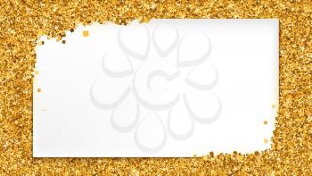 Background with gold glitter and place for text. White banner on backdrop of golden dust, sand. Horizontal 3D illustration, ready for print design, posters, flyer or banner