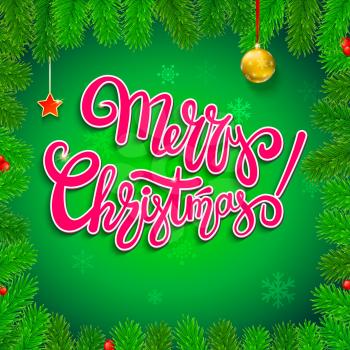 Merry Christmas, calligraphic lettering in the frame of fir branches with new year toys and falling snow-flake on the background. Design for posters, print design, creative arts. 3D illustration.