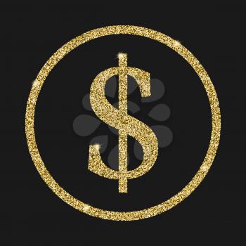Dollar icon with glitter effect, isolated on black background. Outline icon of dollar, money symbols, vector pictogram. Symbol from golden particles dust.