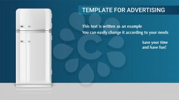 Template with retro vintage fridge for advertisement on horizontal long backdrop, 3D illustration with example of text design. Realistic white vintage fridge icon.