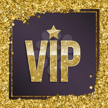 VIP premium card. Golden design template with glittering shinet. Decorative background with gold glitter shine text badge. Sign of exclusivity with bright golden glow. Template for vip banners or card