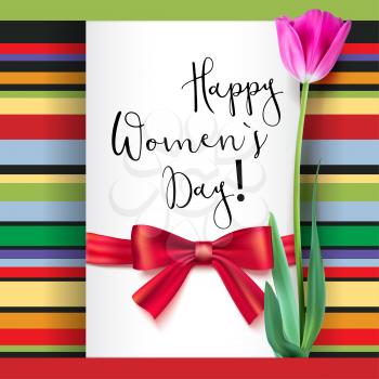 Template greeting card with Tulip and red bow. Happy women s day, congratulations for nice and lovely people. Realistic Tulip flower on a geometric background.