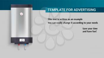 Template with tank for water heating, advertisement on horizontal long backdrop, 3D illustration. The example of registration of the advertising message. Realistic icon with template of text.