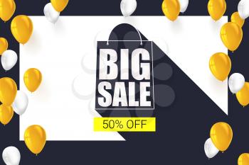 Big sale shopping bag silhouette with long shadow. Selling banner, discount fifty percent on a yellow button backdrop with white and yellow flying inflatable balloons. Horizontal black background.