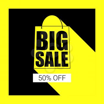 Big sale shopping bag silhouette with long shadow. Selling banner, discount fifty percent on a yellow button backdrop. Simple and clear advertising banner. Horizontal yellow background.