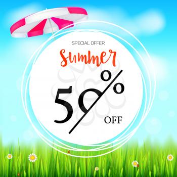 Summer selling ad banner. Fifty percent holiday discounts. Big yellow sun, green field, white clouds and blue sky. Template for shopping, advertising signboard, price reduction poster or banner.
