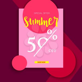 Summer selling ad banner, vintage text design. Summer fifty percent discount. Holiday discounts, sale background on a color graphic backdrop. Template for shopping, advertising, banner, billboard.