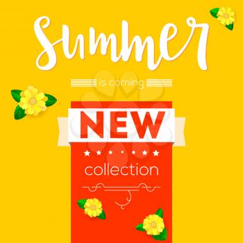 Summer new collection bright advertising banner. Text poster with graphic elements. Red and yellow backdrop. Fresh camomile, daisy flower. Template, mock-up for online shopping, advertising