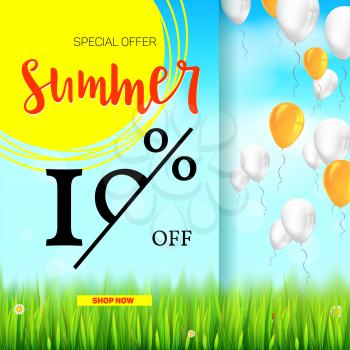 Summer selling ad banner, vintage text design. Holiday discounts, sale background with yellow sun, green field, white clouds and blue sky. Template for shopping, advertising, percentage of discounts.