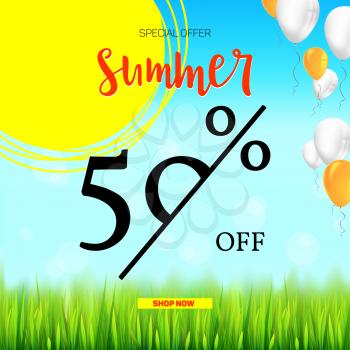 Summer selling ad banner, vintage text design. Holiday discounts, sale background with yellow sun, green field, white clouds and blue sky. Template for shopping, advertising, percentage of discounts.