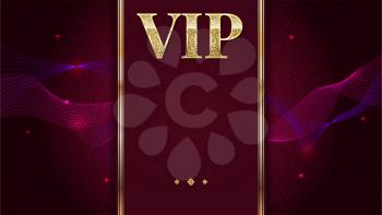 VIP premium invitation card, poster or flyer for party. Golden design template with glittering shine text. Decorative background with gold ribbon and text badge. Special effects, curve flow smoke.