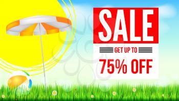 Summer selling ad banner, vintage text design. Seventy five percent discounts, hot summer sale background, with sun umbrella and inflatable beach ball, sun, green field, clouds and blue sky