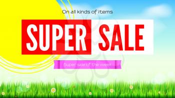 Sale an all kinds of items. Summer hot discounts. Selling ad banner. Sun summer background with big yellow sun, inflatable beach ball, green field, clouds and blue sky. Template for shopping.
