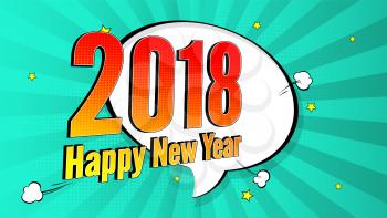 New Year pop art splash background, explosion in comics book style. 2018 holiday advertising signboard with halftone dots, cloud beams on red backdrop. Vector template for ad, covers, posters.