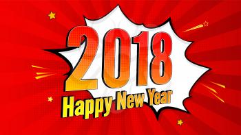 New Year pop art splash background, explosion in comics book style. 2018 holiday advertising signboard with halftone dots, cloud beams on red backdrop. Vector template for ad, covers, posters.